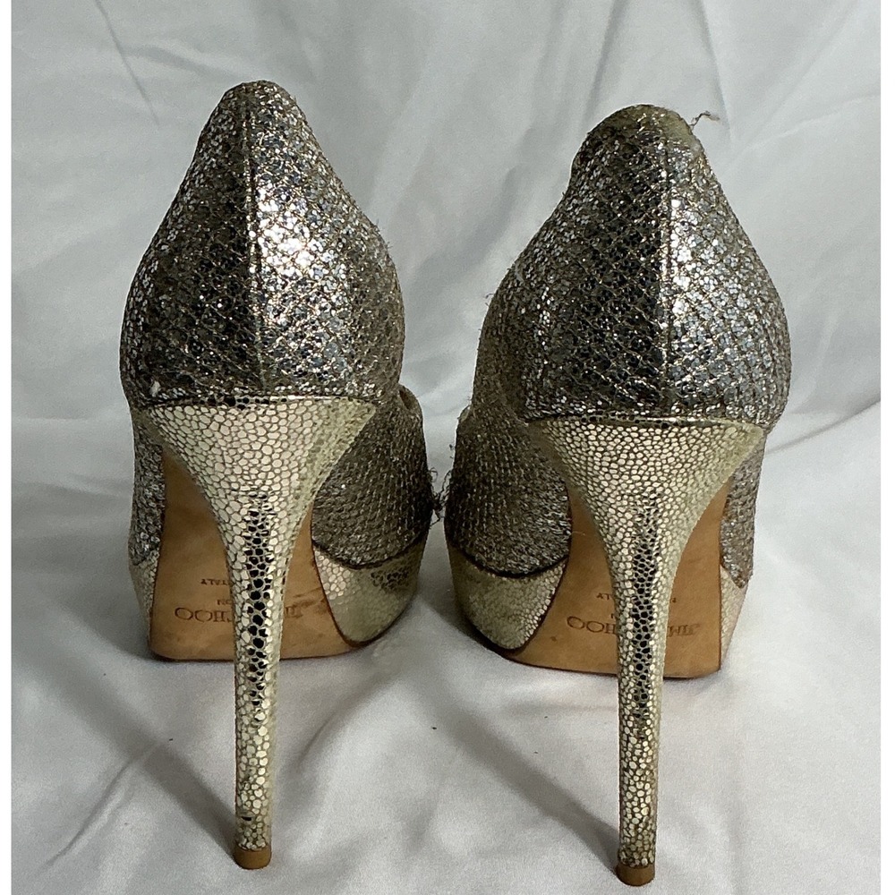 Jimmy Choo Champagne Gold Glitter Peep Toe Platform Pumps Heels Size 38 - Picture 3 of 11